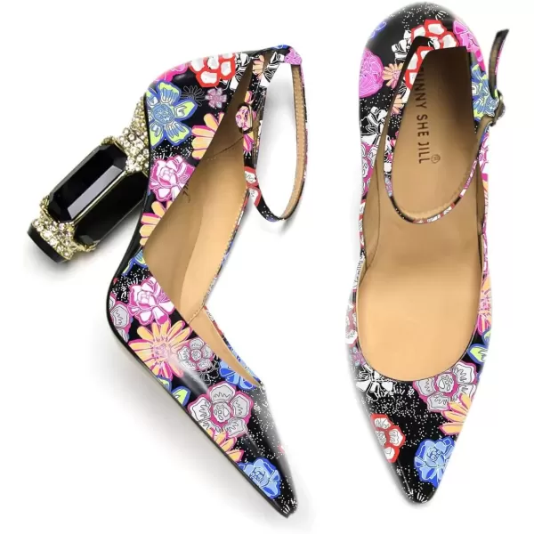 imageFSJ Womens Comfortable Block High Heels Pointed Toe Rhinestone Pumps Ankle Strap Leather Ladies Party Dress Shoes Size 415 UsFlower