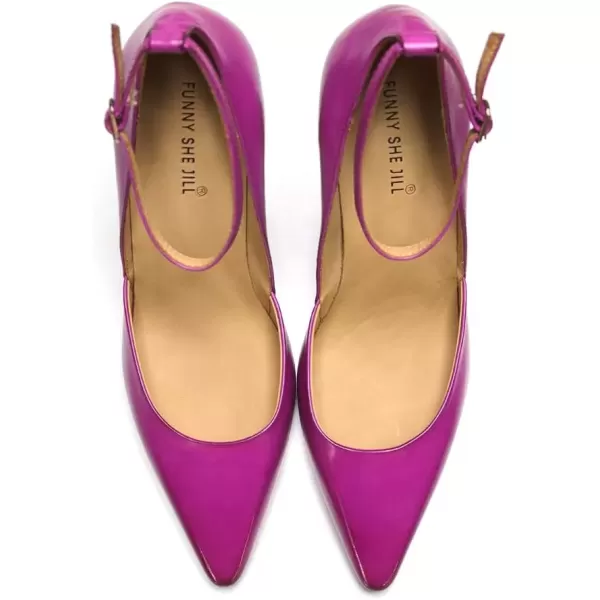 imageFSJ Womens Comfortable Block High Heels Pointed Toe Rhinestone Pumps Ankle Strap Leather Ladies Party Dress Shoes Size 415 UsFuchsia
