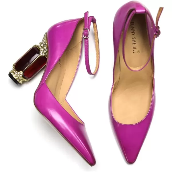 imageFSJ Womens Comfortable Block High Heels Pointed Toe Rhinestone Pumps Ankle Strap Leather Ladies Party Dress Shoes Size 415 UsFuchsia