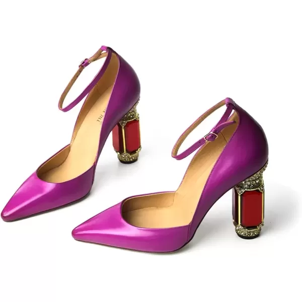 imageFSJ Womens Comfortable Block High Heels Pointed Toe Rhinestone Pumps Ankle Strap Leather Ladies Party Dress Shoes Size 415 UsFuchsia