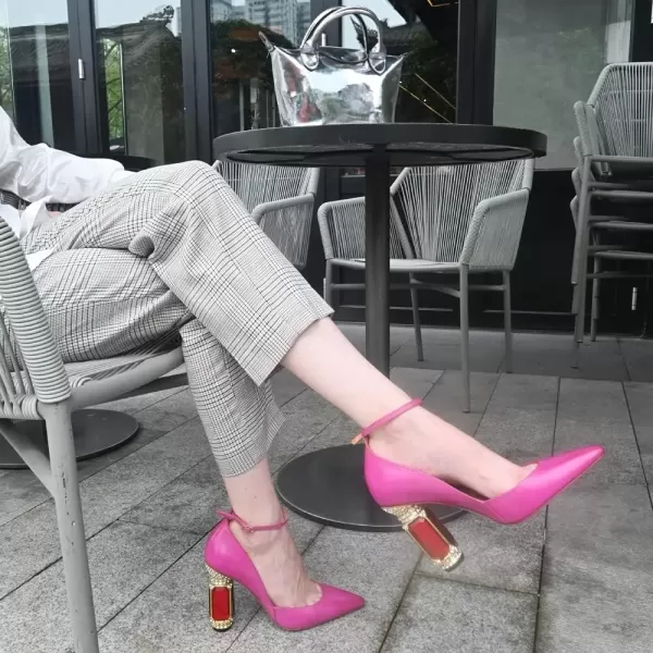 imageFSJ Womens Comfortable Block High Heels Pointed Toe Rhinestone Pumps Ankle Strap Leather Ladies Party Dress Shoes Size 415 UsFuchsia