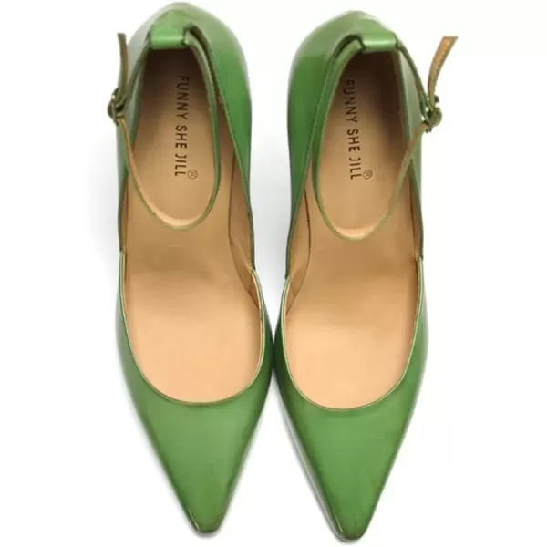 imageFSJ Womens Comfortable Block High Heels Pointed Toe Rhinestone Pumps Ankle Strap Leather Ladies Party Dress Shoes Size 415 UsGreen