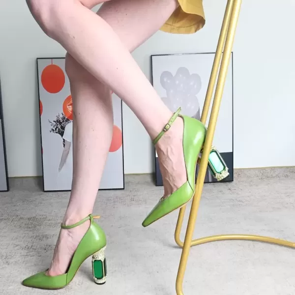 imageFSJ Womens Comfortable Block High Heels Pointed Toe Rhinestone Pumps Ankle Strap Leather Ladies Party Dress Shoes Size 415 UsGreen
