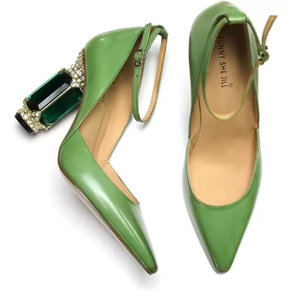 imageFSJ Womens Comfortable Block High Heels Pointed Toe Rhinestone Pumps Ankle Strap Leather Ladies Party Dress Shoes Size 415 UsGreen