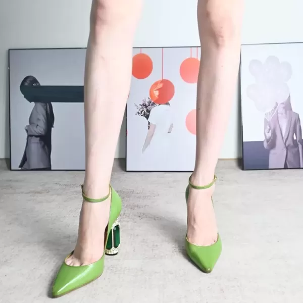 imageFSJ Womens Comfortable Block High Heels Pointed Toe Rhinestone Pumps Ankle Strap Leather Ladies Party Dress Shoes Size 415 UsGreen
