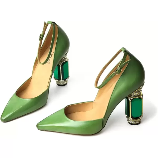 imageFSJ Womens Comfortable Block High Heels Pointed Toe Rhinestone Pumps Ankle Strap Leather Ladies Party Dress Shoes Size 415 UsGreen