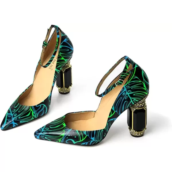 imageFSJ Womens Comfortable Block High Heels Pointed Toe Rhinestone Pumps Ankle Strap Leather Ladies Party Dress Shoes Size 415 UsGreen Lines
