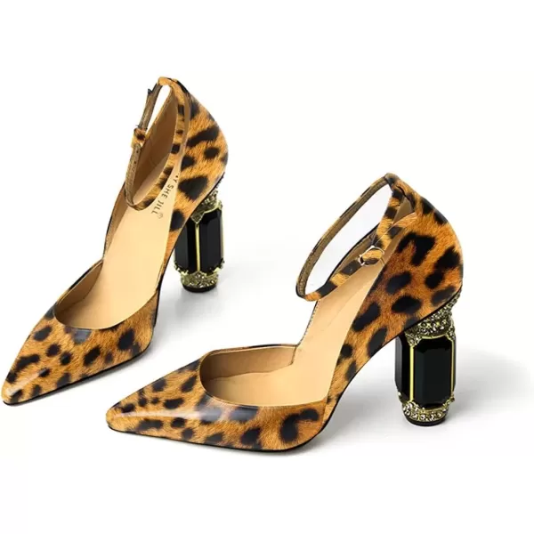 imageFSJ Womens Comfortable Block High Heels Pointed Toe Rhinestone Pumps Ankle Strap Leather Ladies Party Dress Shoes Size 415 UsLeopard