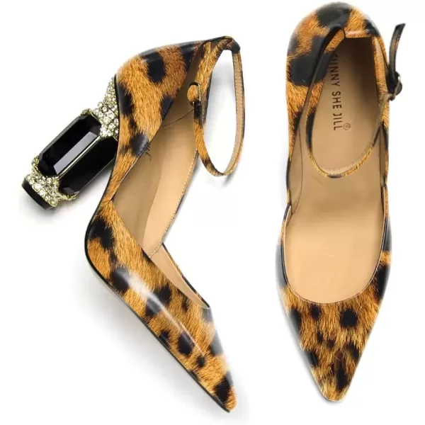 imageFSJ Womens Comfortable Block High Heels Pointed Toe Rhinestone Pumps Ankle Strap Leather Ladies Party Dress Shoes Size 415 UsLeopard