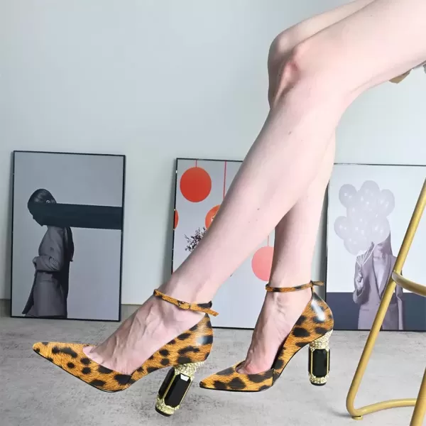 imageFSJ Womens Comfortable Block High Heels Pointed Toe Rhinestone Pumps Ankle Strap Leather Ladies Party Dress Shoes Size 415 UsLeopard