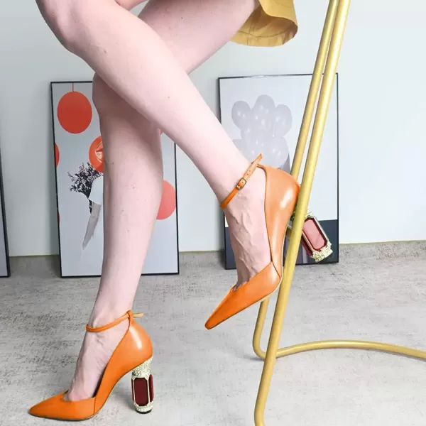 imageFSJ Womens Comfortable Block High Heels Pointed Toe Rhinestone Pumps Ankle Strap Leather Ladies Party Dress Shoes Size 415 UsOrange