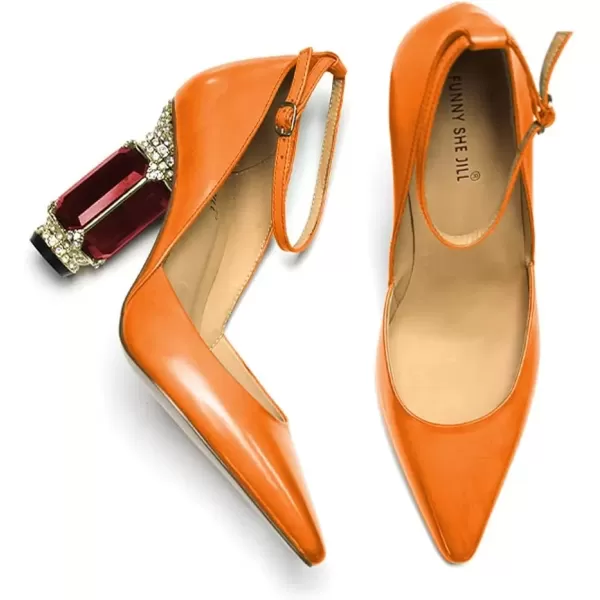imageFSJ Womens Comfortable Block High Heels Pointed Toe Rhinestone Pumps Ankle Strap Leather Ladies Party Dress Shoes Size 415 UsOrange