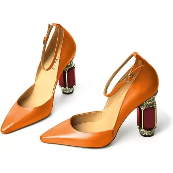 imageFSJ Womens Comfortable Block High Heels Pointed Toe Rhinestone Pumps Ankle Strap Leather Ladies Party Dress Shoes Size 415 UsOrange