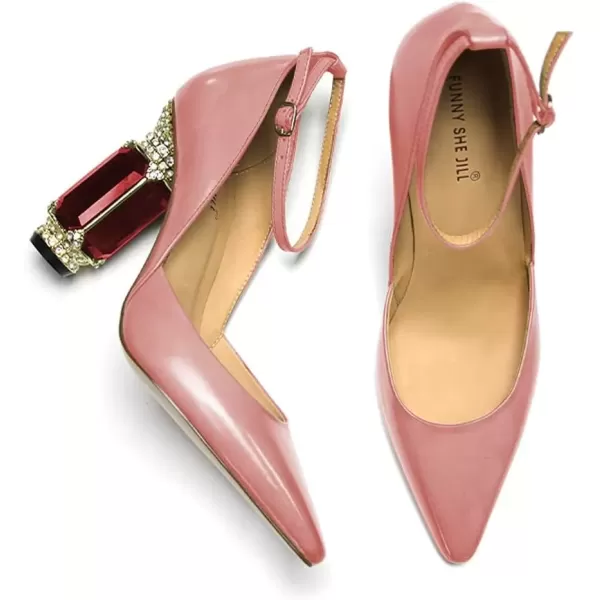 imageFSJ Womens Comfortable Block High Heels Pointed Toe Rhinestone Pumps Ankle Strap Leather Ladies Party Dress Shoes Size 415 UsPink
