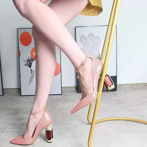 imageFSJ Womens Comfortable Block High Heels Pointed Toe Rhinestone Pumps Ankle Strap Leather Ladies Party Dress Shoes Size 415 UsPink