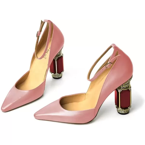 imageFSJ Womens Comfortable Block High Heels Pointed Toe Rhinestone Pumps Ankle Strap Leather Ladies Party Dress Shoes Size 415 UsPink