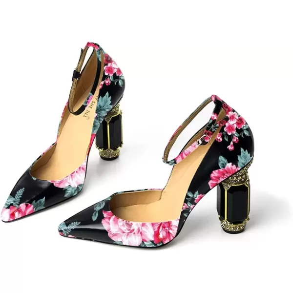 imageFSJ Womens Comfortable Block High Heels Pointed Toe Rhinestone Pumps Ankle Strap Leather Ladies Party Dress Shoes Size 415 UsPink Floral