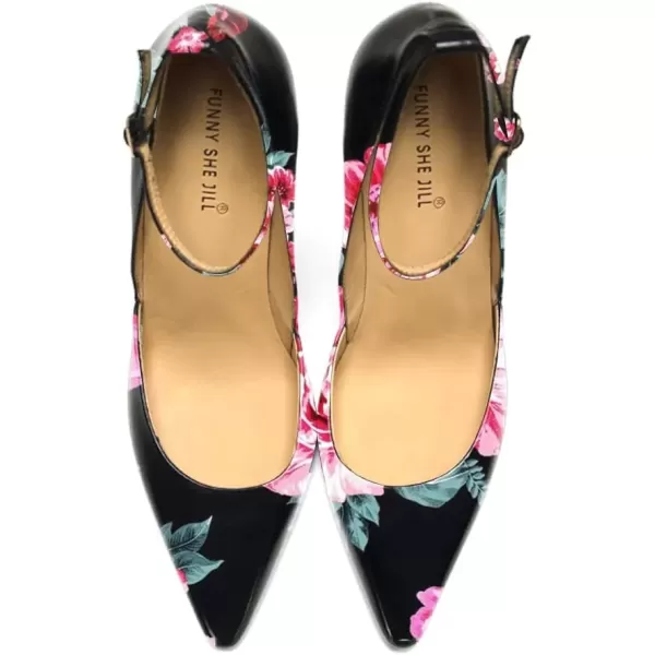 imageFSJ Womens Comfortable Block High Heels Pointed Toe Rhinestone Pumps Ankle Strap Leather Ladies Party Dress Shoes Size 415 UsPink Floral