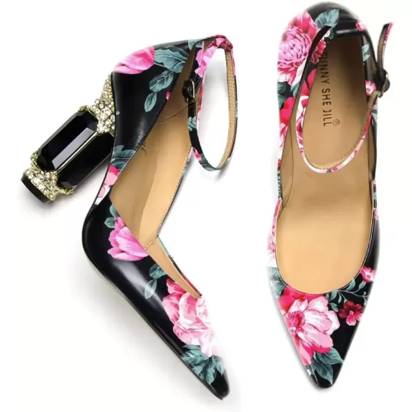 imageFSJ Womens Comfortable Block High Heels Pointed Toe Rhinestone Pumps Ankle Strap Leather Ladies Party Dress Shoes Size 415 UsPink Floral