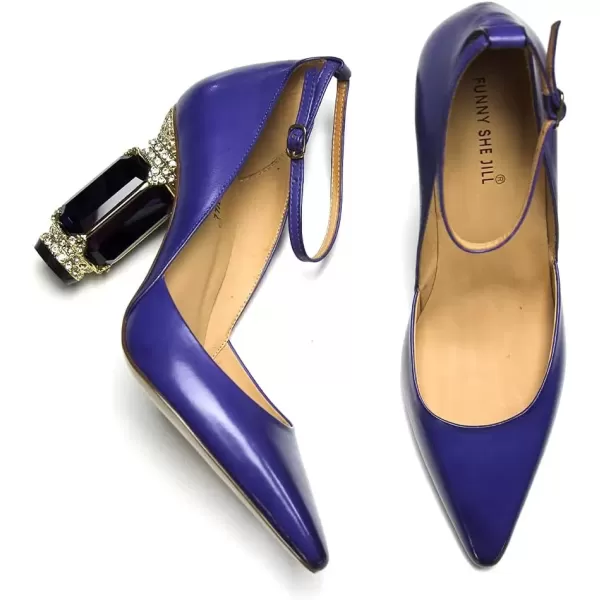 imageFSJ Womens Comfortable Block High Heels Pointed Toe Rhinestone Pumps Ankle Strap Leather Ladies Party Dress Shoes Size 415 UsPurple
