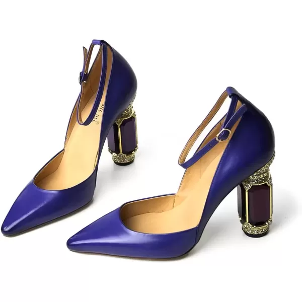 imageFSJ Womens Comfortable Block High Heels Pointed Toe Rhinestone Pumps Ankle Strap Leather Ladies Party Dress Shoes Size 415 UsPurple