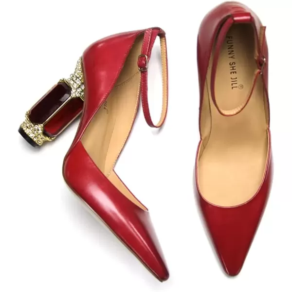 imageFSJ Womens Comfortable Block High Heels Pointed Toe Rhinestone Pumps Ankle Strap Leather Ladies Party Dress Shoes Size 415 UsRed