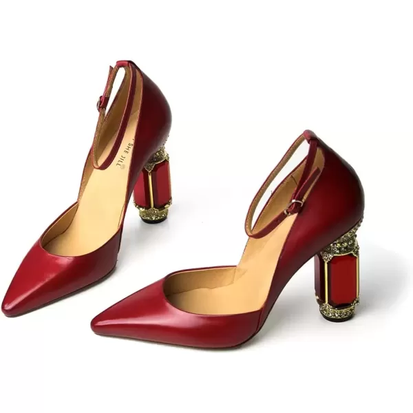 imageFSJ Womens Comfortable Block High Heels Pointed Toe Rhinestone Pumps Ankle Strap Leather Ladies Party Dress Shoes Size 415 UsRed