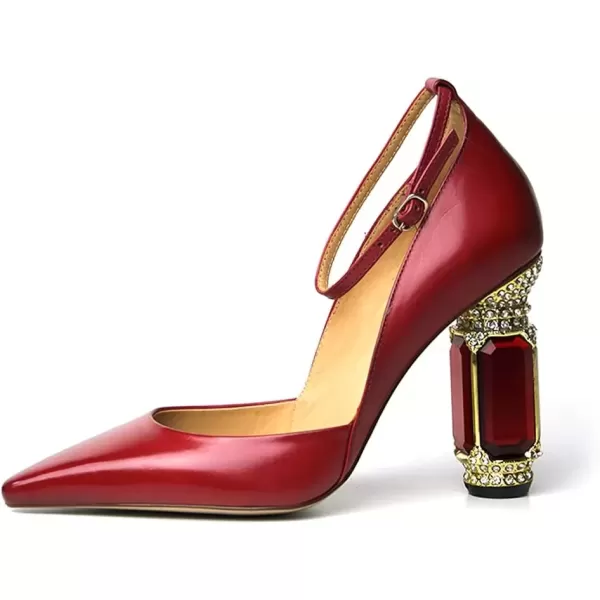 imageFSJ Womens Comfortable Block High Heels Pointed Toe Rhinestone Pumps Ankle Strap Leather Ladies Party Dress Shoes Size 415 UsRed