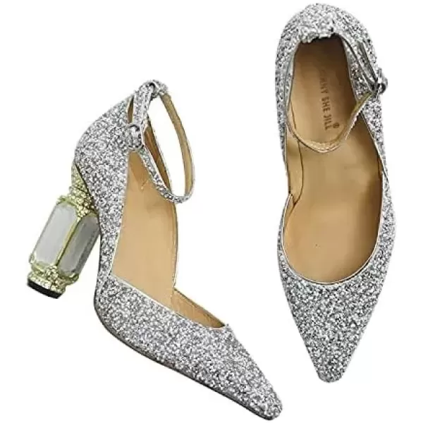imageFSJ Womens Comfortable Block High Heels Pointed Toe Rhinestone Pumps Ankle Strap Leather Ladies Party Dress Shoes Size 415 UsSilver