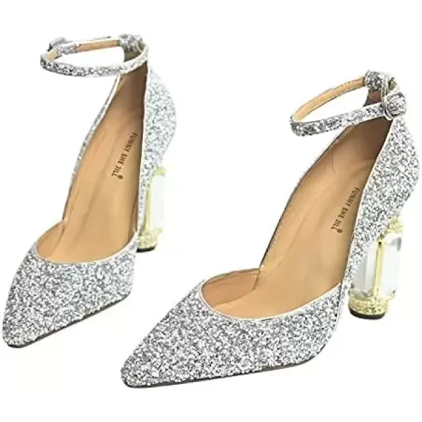 imageFSJ Womens Comfortable Block High Heels Pointed Toe Rhinestone Pumps Ankle Strap Leather Ladies Party Dress Shoes Size 415 UsSilver