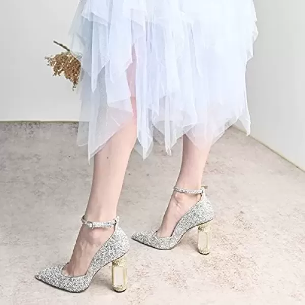 imageFSJ Womens Comfortable Block High Heels Pointed Toe Rhinestone Pumps Ankle Strap Leather Ladies Party Dress Shoes Size 415 UsSilver