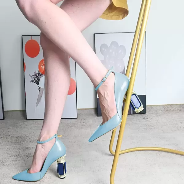 imageFSJ Womens Comfortable Block High Heels Pointed Toe Rhinestone Pumps Ankle Strap Leather Ladies Party Dress Shoes Size 415 UsSky Blue