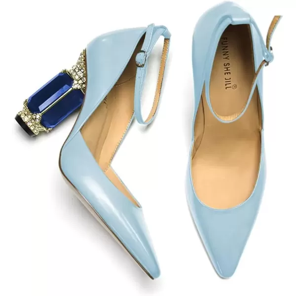 imageFSJ Womens Comfortable Block High Heels Pointed Toe Rhinestone Pumps Ankle Strap Leather Ladies Party Dress Shoes Size 415 UsSky Blue
