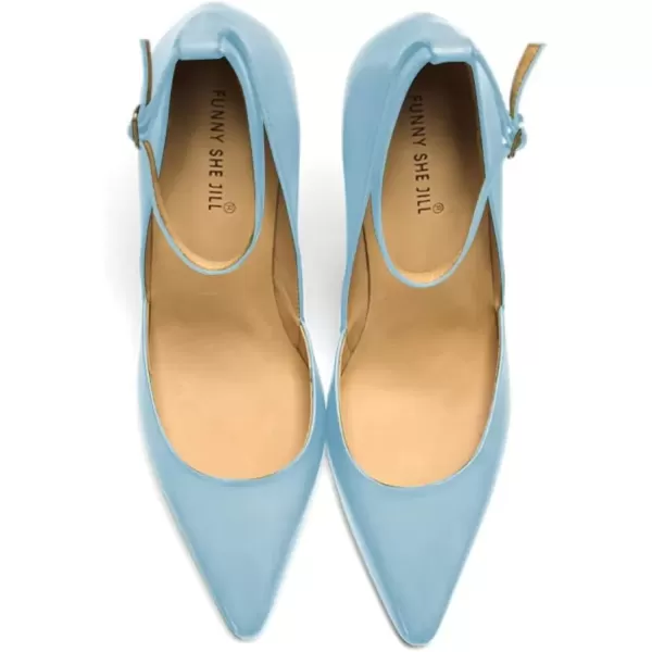 imageFSJ Womens Comfortable Block High Heels Pointed Toe Rhinestone Pumps Ankle Strap Leather Ladies Party Dress Shoes Size 415 UsSky Blue