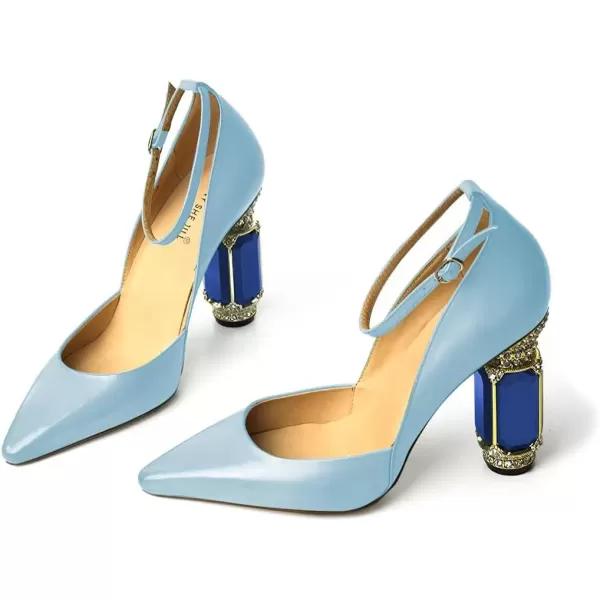 imageFSJ Womens Comfortable Block High Heels Pointed Toe Rhinestone Pumps Ankle Strap Leather Ladies Party Dress Shoes Size 415 UsSky Blue