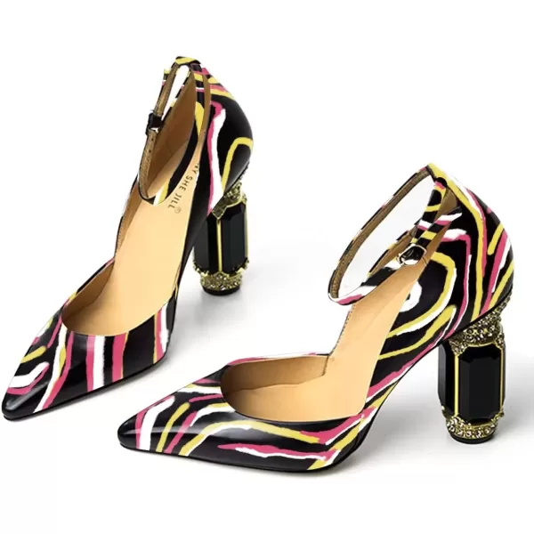imageFSJ Womens Comfortable Block High Heels Pointed Toe Rhinestone Pumps Ankle Strap Leather Ladies Party Dress Shoes Size 415 UsStripe