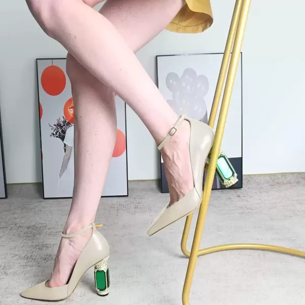 imageFSJ Womens Comfortable Block High Heels Pointed Toe Rhinestone Pumps Ankle Strap Leather Ladies Party Dress Shoes Size 415 UsWhite