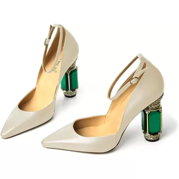 imageFSJ Womens Comfortable Block High Heels Pointed Toe Rhinestone Pumps Ankle Strap Leather Ladies Party Dress Shoes Size 415 UsWhite