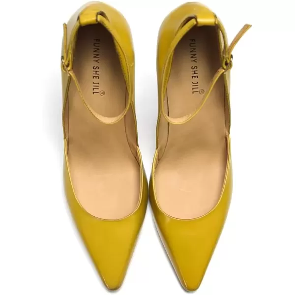 imageFSJ Womens Comfortable Block High Heels Pointed Toe Rhinestone Pumps Ankle Strap Leather Ladies Party Dress Shoes Size 415 UsYellow