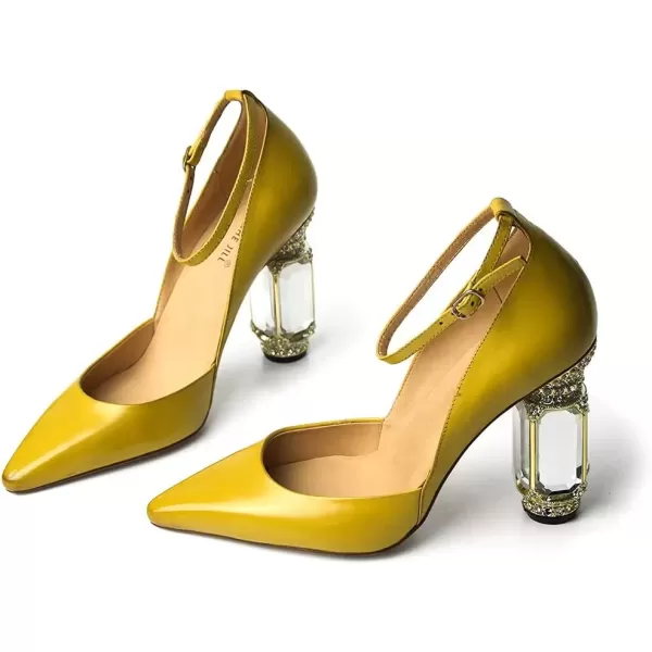 imageFSJ Womens Comfortable Block High Heels Pointed Toe Rhinestone Pumps Ankle Strap Leather Ladies Party Dress Shoes Size 415 UsYellow