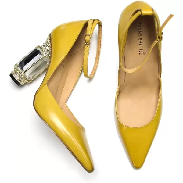 imageFSJ Womens Comfortable Block High Heels Pointed Toe Rhinestone Pumps Ankle Strap Leather Ladies Party Dress Shoes Size 415 UsYellow