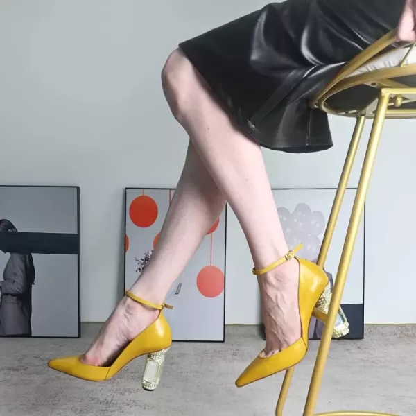 imageFSJ Womens Comfortable Block High Heels Pointed Toe Rhinestone Pumps Ankle Strap Leather Ladies Party Dress Shoes Size 415 UsYellow