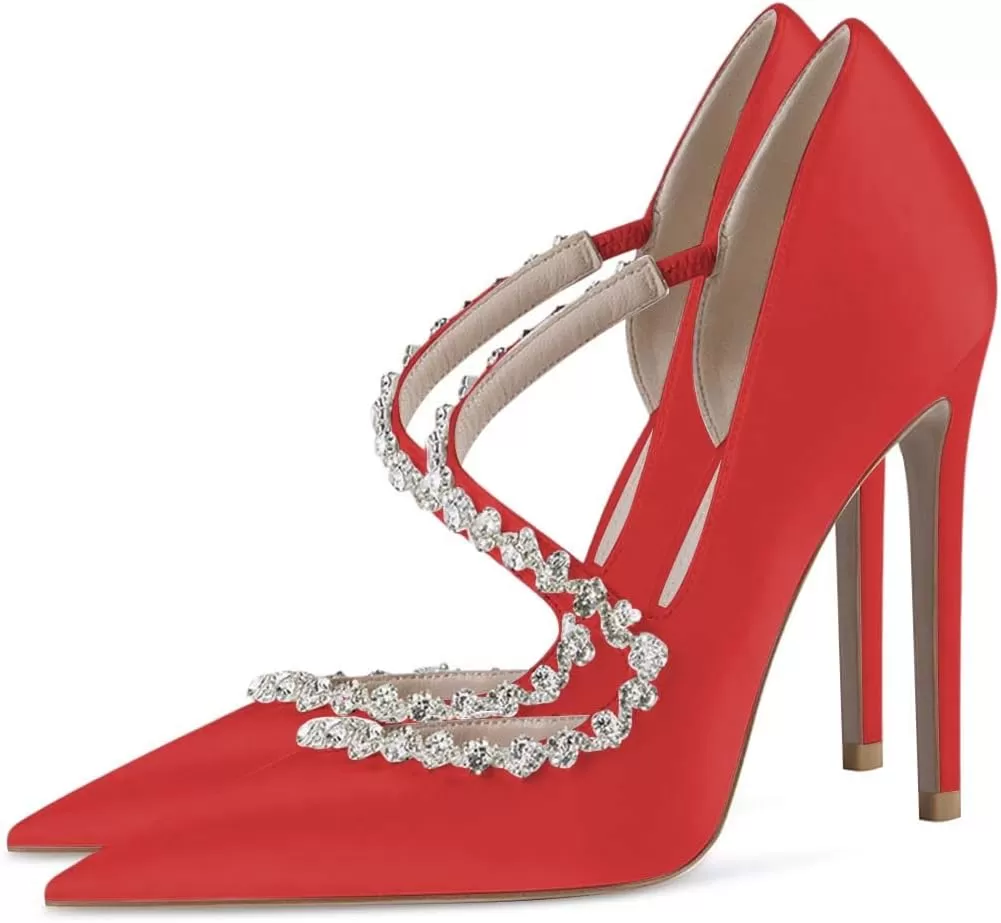 imageFSJ Women Sexy Rhinestone Cross Strap Dress High Heel Rivets Closed Pointed Toe Stiletto Sandals Satin DOrsay Slip On Wedding Party Pumps Size 415 USTomato