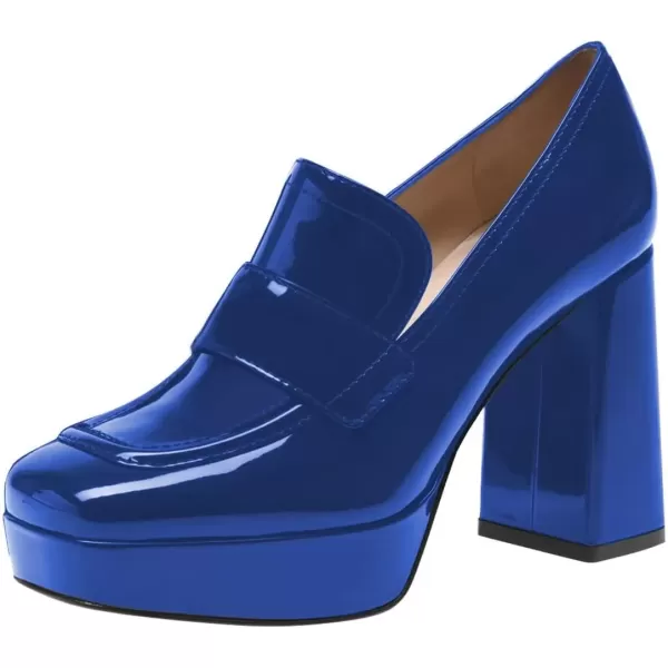 imageFSJ Women Chic Square Toe Glossy Platform Pumps Chunky High Heel Slip On Party Prom Dress Ladies Casual Loafer Shoes Size 415 USBlue