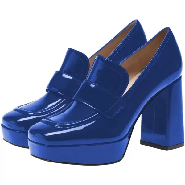 imageFSJ Women Chic Square Toe Glossy Platform Pumps Chunky High Heel Slip On Party Prom Dress Ladies Casual Loafer Shoes Size 415 USBlue