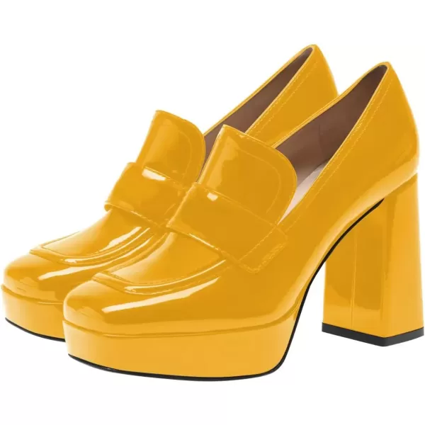 imageFSJ Women Chic Square Toe Glossy Platform Pumps Chunky High Heel Slip On Party Prom Dress Ladies Casual Loafer Shoes Size 415 USGoldenrod