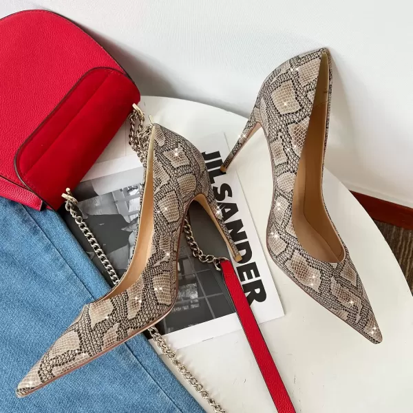 imageFSJ Women Classic Pointed Toe Snakeskin High Heels Pumps Slip on Stiletto Sparkling Animal Printing Sexy Lady Club Party Evening Dress Shoes Size 415 USSnakeskin Brown