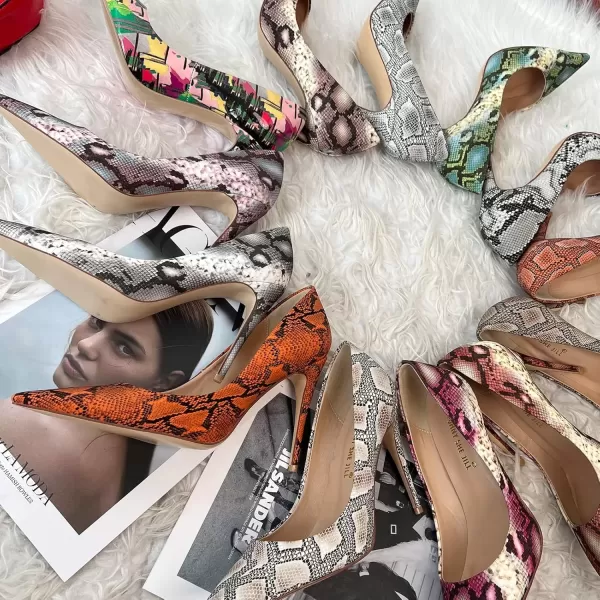 imageFSJ Women Classic Pointed Toe Snakeskin High Heels Pumps Slip on Stiletto Sparkling Animal Printing Sexy Lady Club Party Evening Dress Shoes Size 415 USSnakeskin Rosybrown