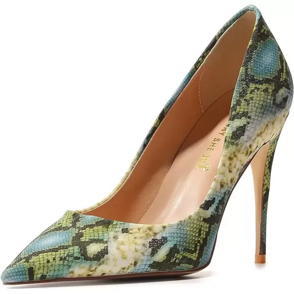 imageFSJ Women Classic Pointed Toe Snakeskin High Heels Pumps Slip on Stiletto Sparkling Animal Printing Sexy Lady Club Party Evening Dress Shoes Size 415 USSnakeskin Green