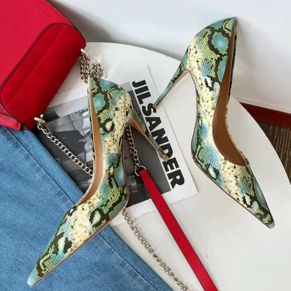 imageFSJ Women Classic Pointed Toe Snakeskin High Heels Pumps Slip on Stiletto Sparkling Animal Printing Sexy Lady Club Party Evening Dress Shoes Size 415 USSnakeskin Green